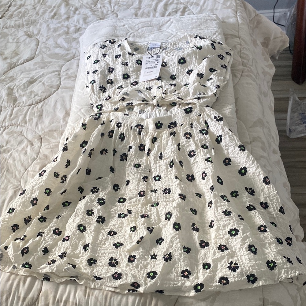 Zara Cream Dress with Black and Green Floral Design